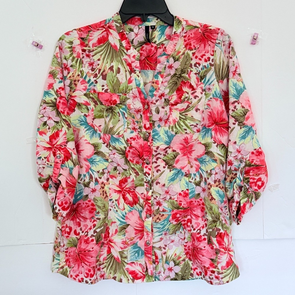 Tropical Floral Hibiscus Leopard Print Roll Tab Button Up Linen Blend Shirt S